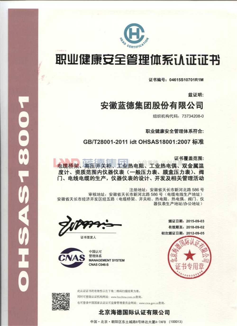 職業(yè)健康安全管理體系認證證書